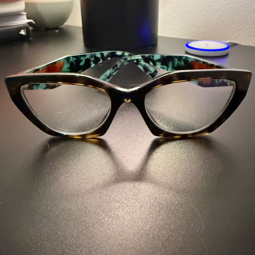 Prada Tortoiseshell Cat-Eye Glasses with Teal Patterned Temples